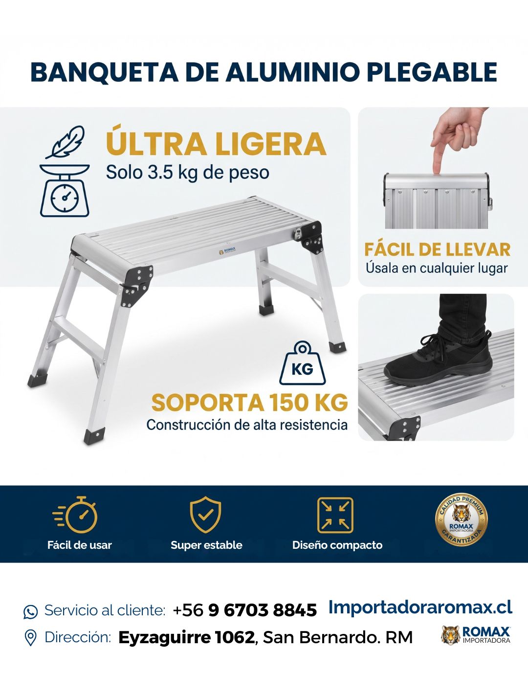 Banqueta de Aluminio Plegable | Práctica y Liviana | Romax