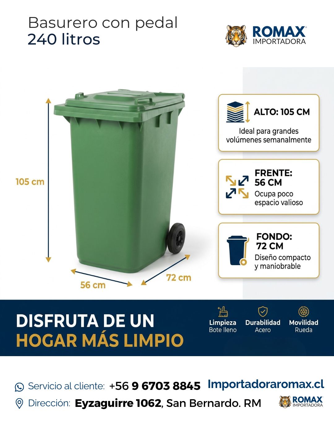 Basurero 240 Litros con Ruedas | Máxima Capacidad para Uso Intensivo