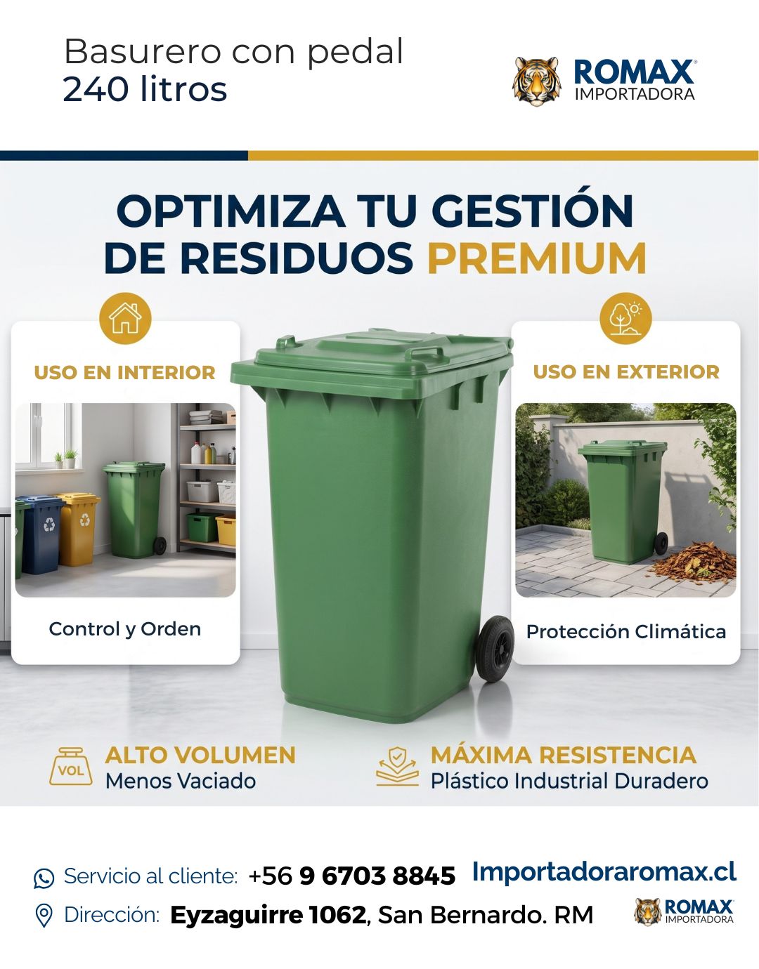 Basurero 240 Litros con Ruedas | Máxima Capacidad para Uso Intensivo