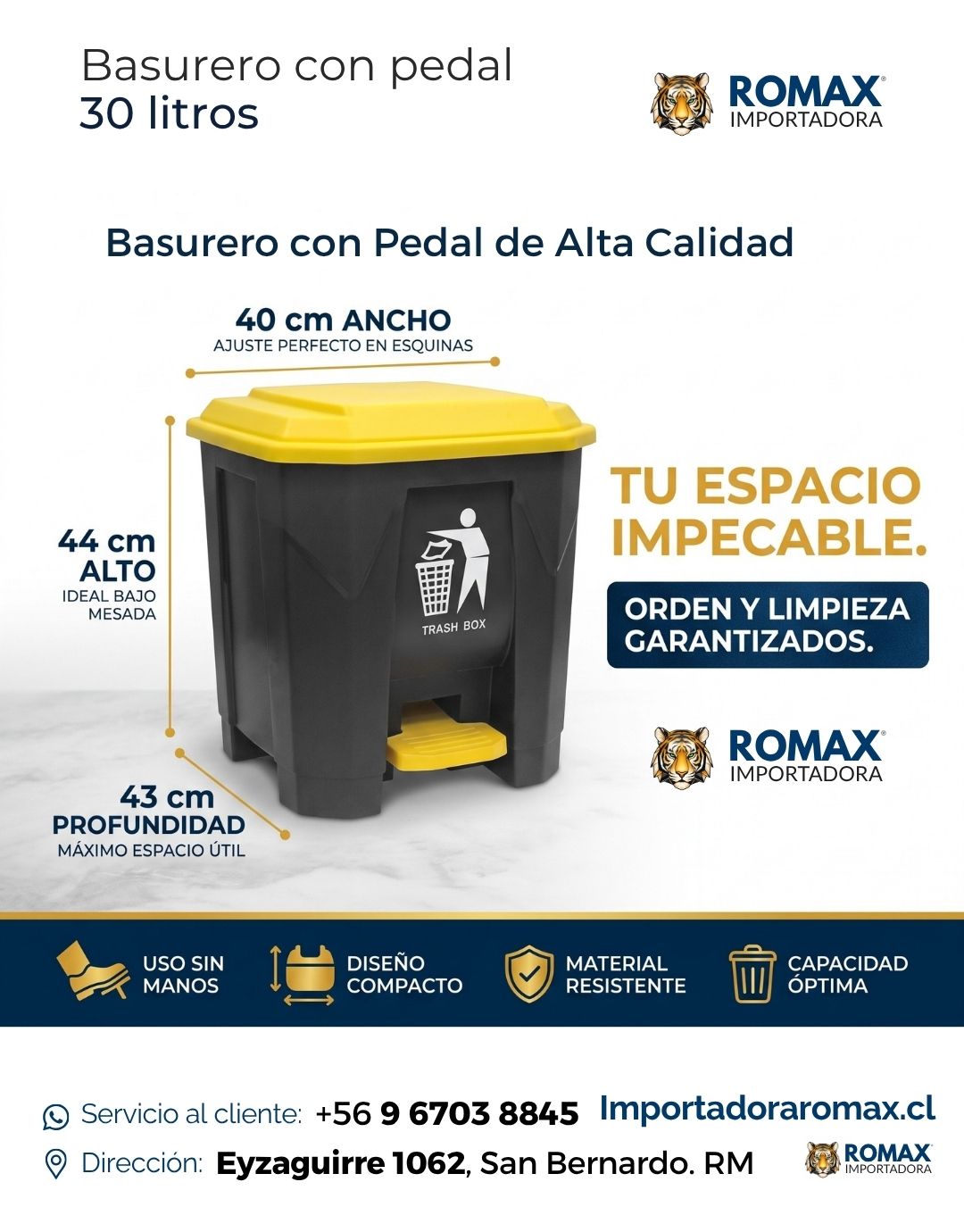 Basurero con Pedal 30 Litros | Compacto, Higiénico y Resistente