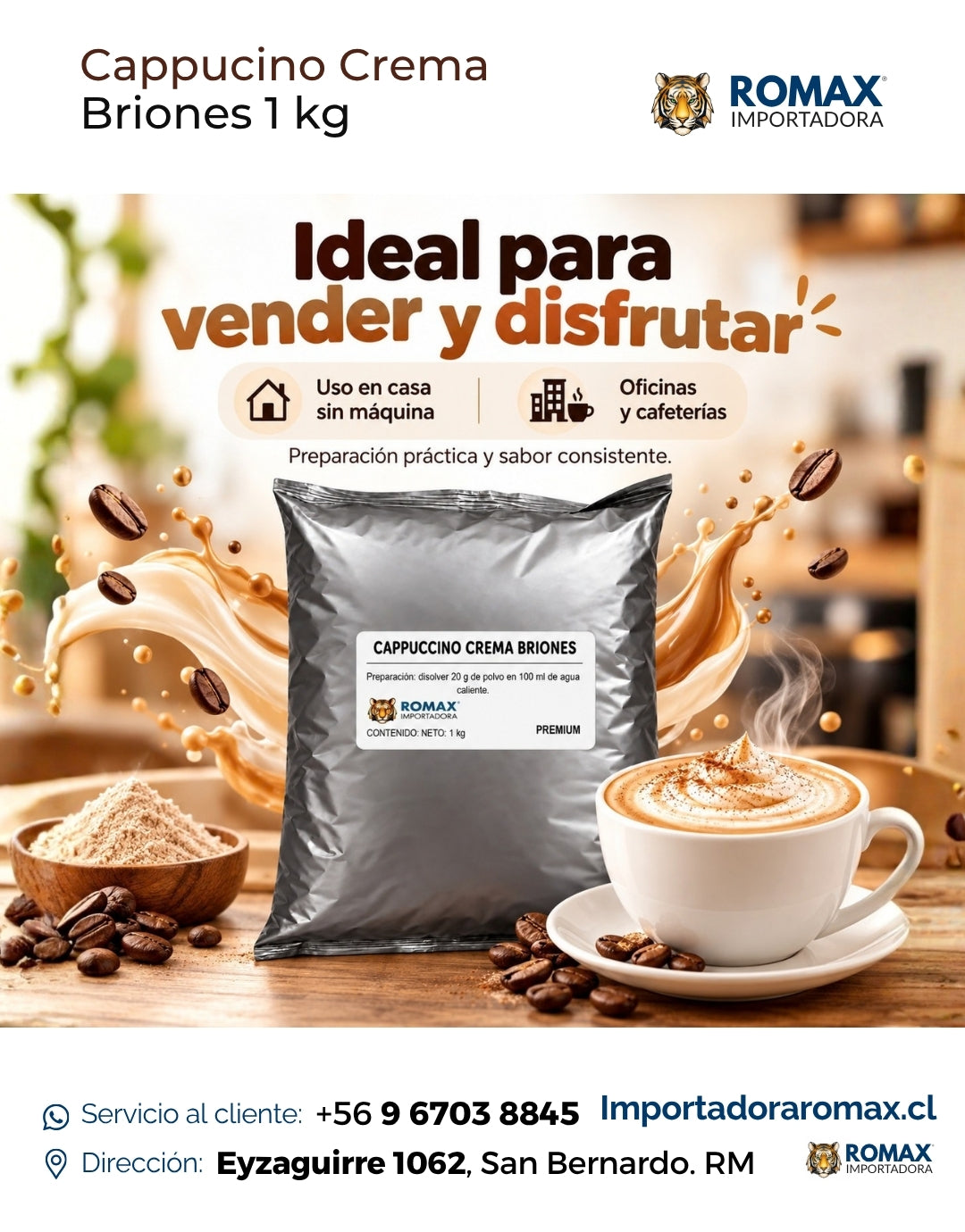 Cappuccino Crema Soluble Briones 1 kg para vending y preparación en taza | Importadora Romax