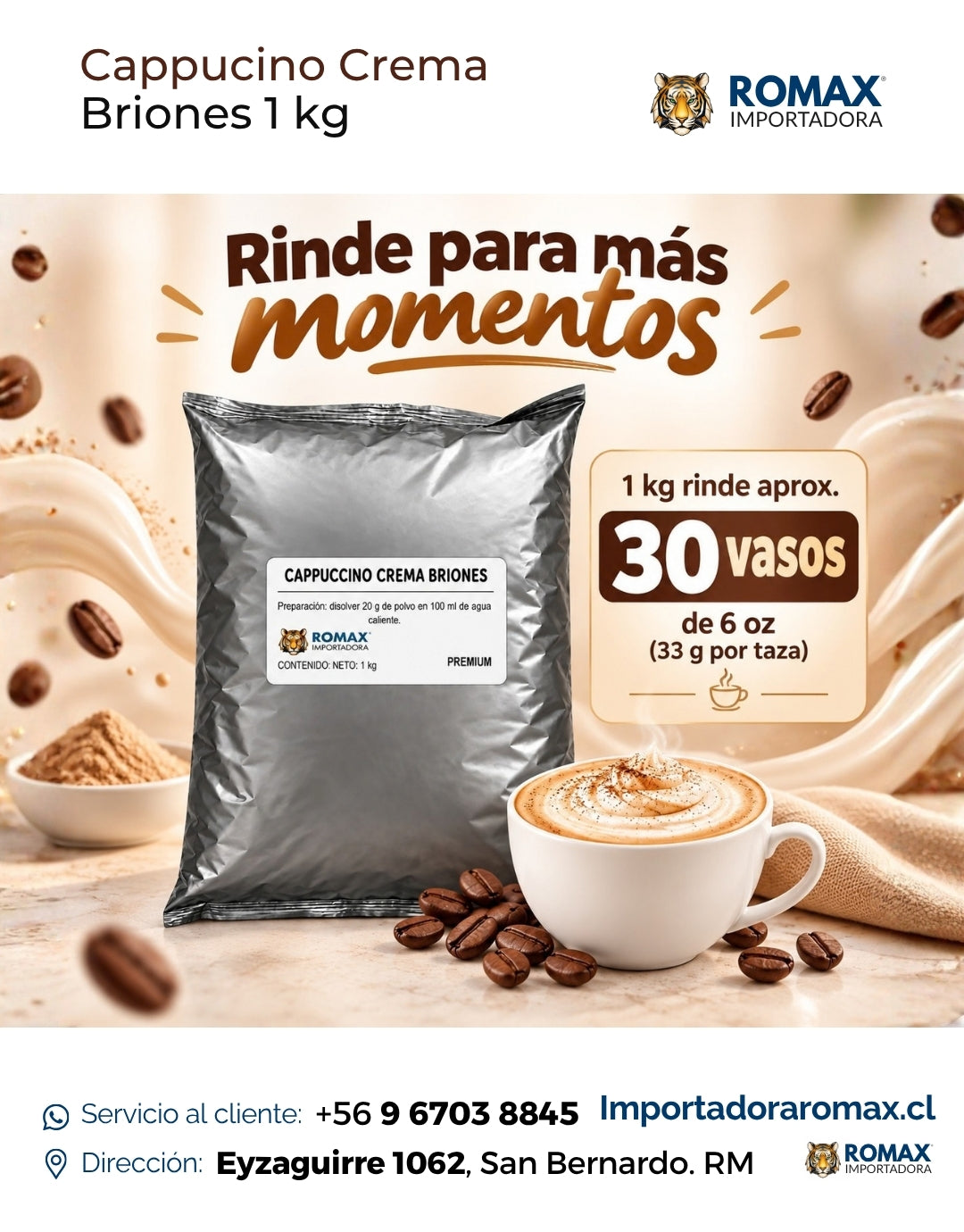 Cappuccino Crema Soluble Briones 1 kg bebida soluble para negocio y hogar | Importadora Romax