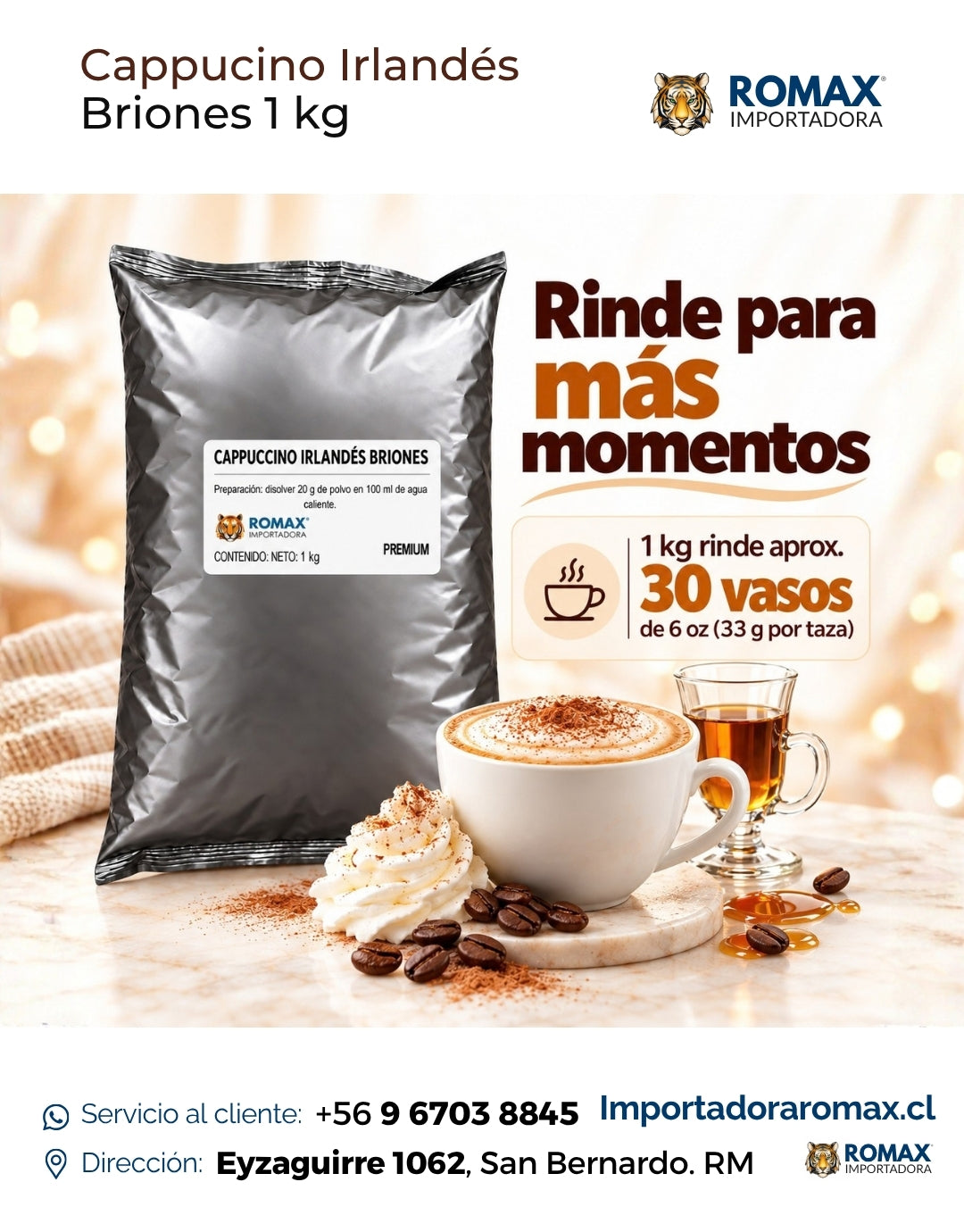 Cappuccino Irlandés Soluble Briones 1 kg soluble 1 kg para máquinas vending | Importadora Romax