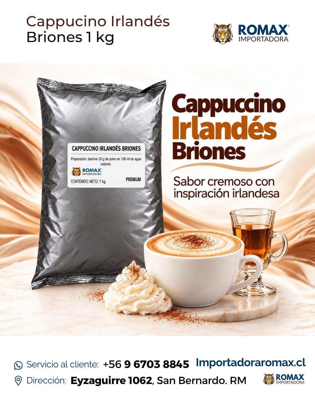 Cappuccino Irlandés Soluble Briones 1 kg bebida soluble para negocio y hogar | Importadora Romax