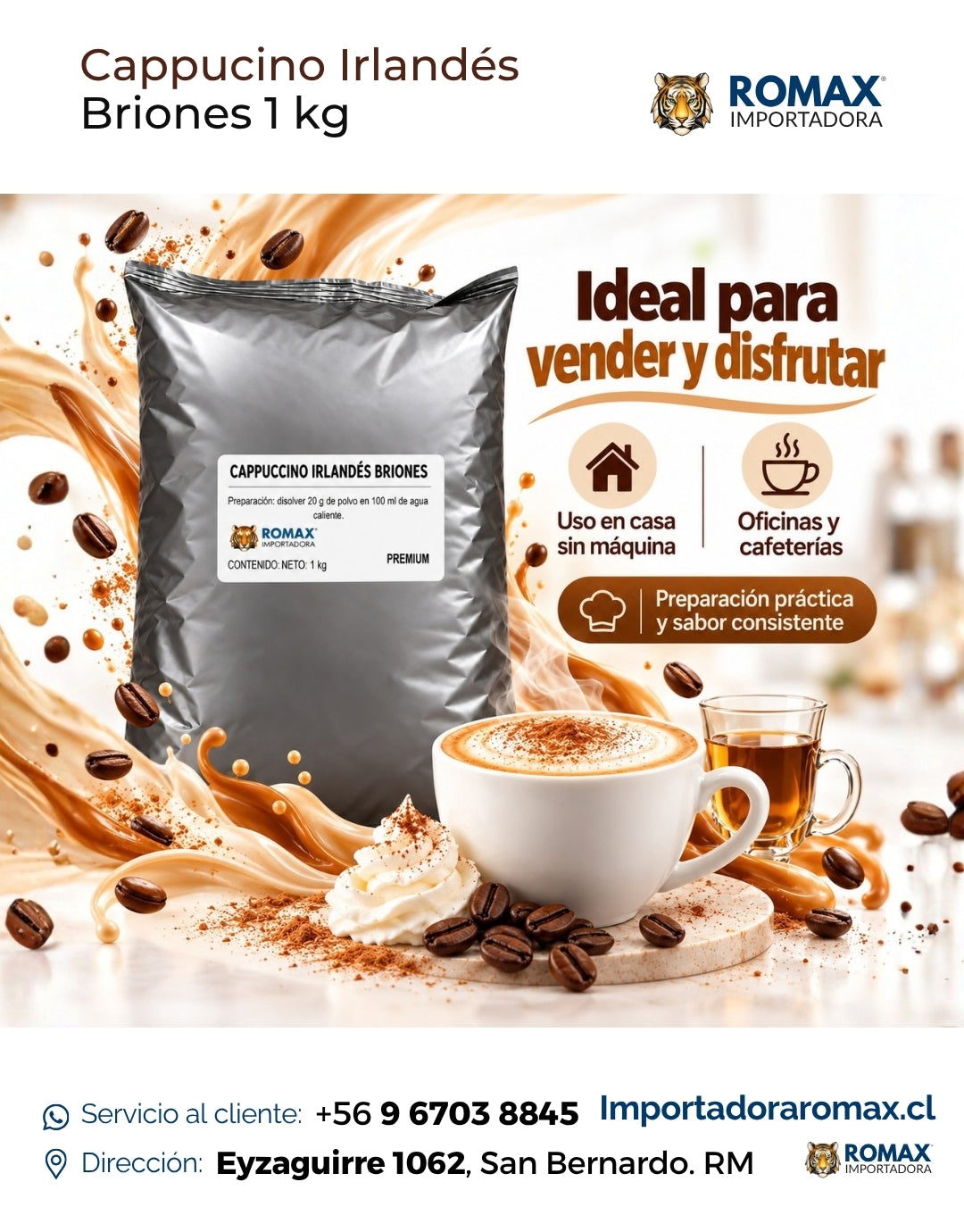 Cappuccino Irlandés Soluble Briones 1 kg para vending y preparación en taza | Importadora Romax