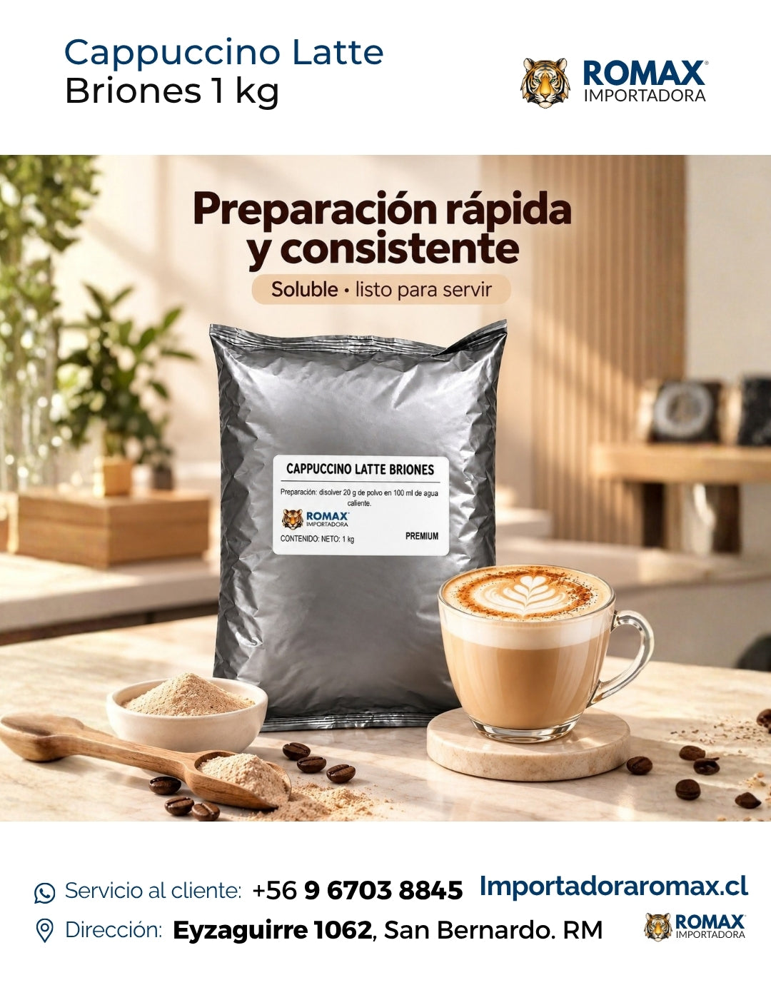 Cappuccino Latte Soluble Briones 1 kg para vending y preparación en taza | Importadora Romax