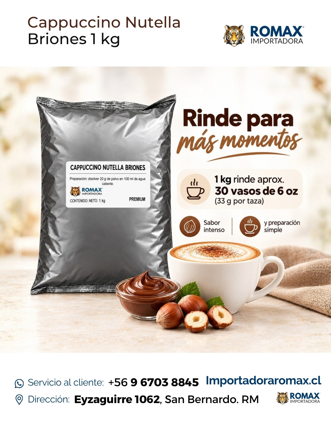 Cappuccino Nutella Briones 1 kg bebida soluble para negocio y hogar | Importadora Romax