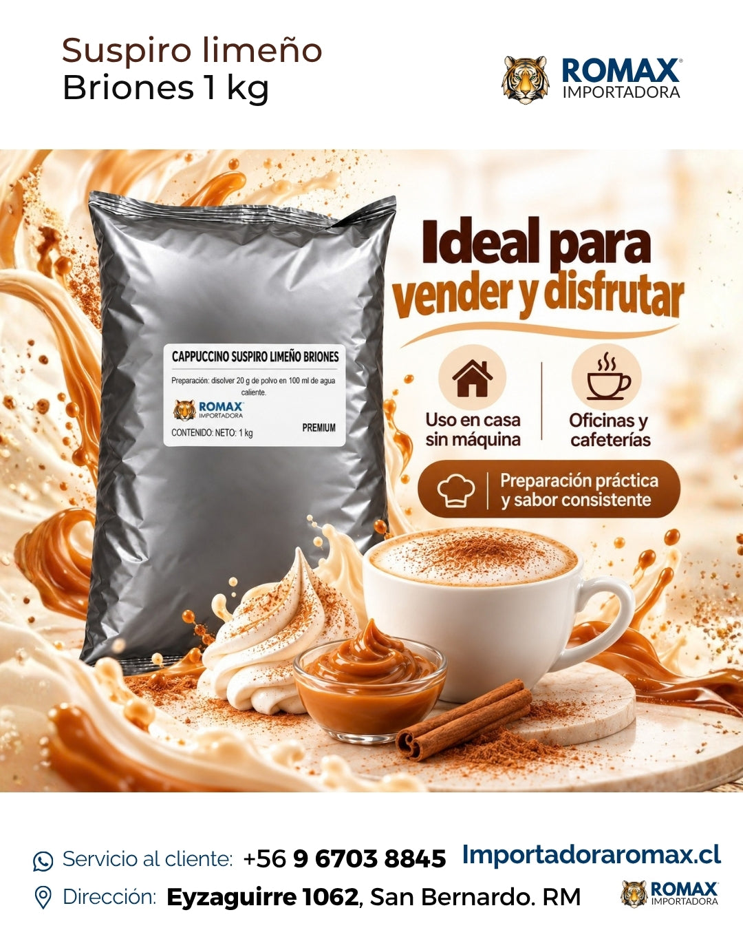 Cappuccino Soluble Suspiro Limeño Briones 1 kg para vending y preparación en taza | Importadora Romax