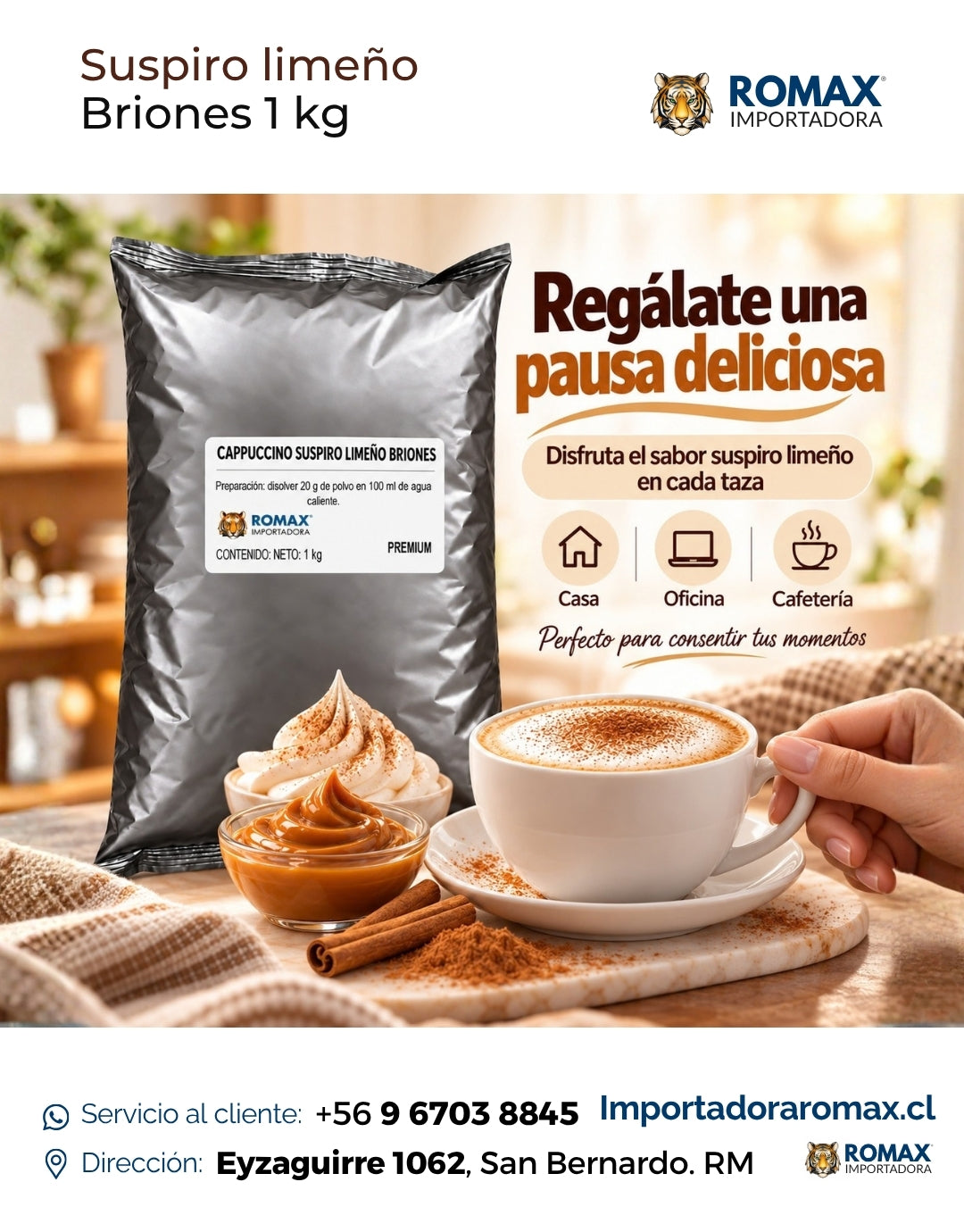 Cappuccino Soluble Suspiro Limeño Briones 1 kg bebida soluble para negocio y hogar | Importadora Romax
