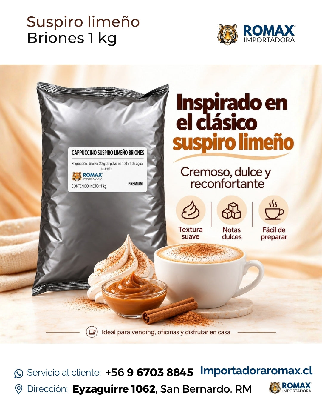 Cappuccino Soluble Suspiro Limeño Briones 1 kg formato 1 kg para máquinas vending | Importadora Romax