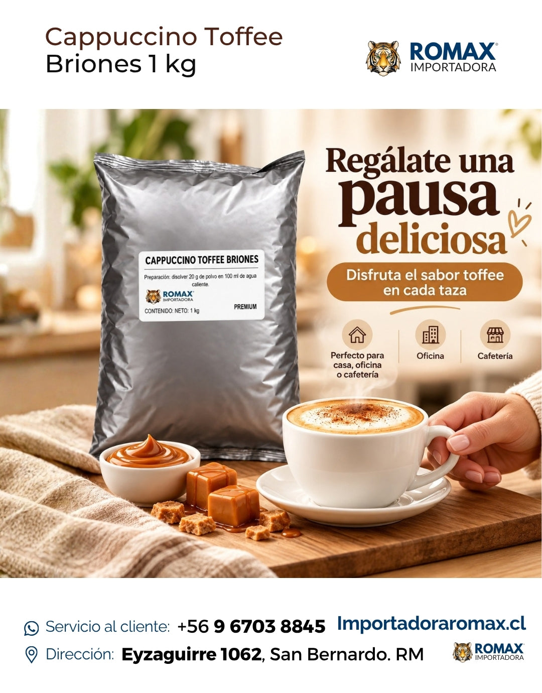 Cappuccino Toffee Soluble Briones 1 kg para vending y preparación en taza | Importadora Romax