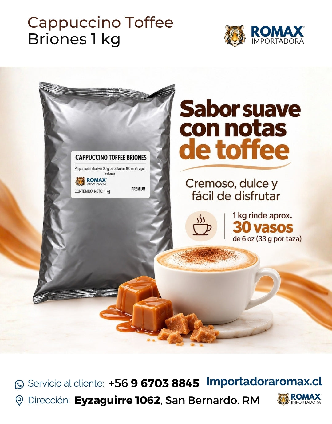 Cappuccino Toffee Soluble Briones 1 kg bebida soluble para negocio y hogar | Importadora Romax