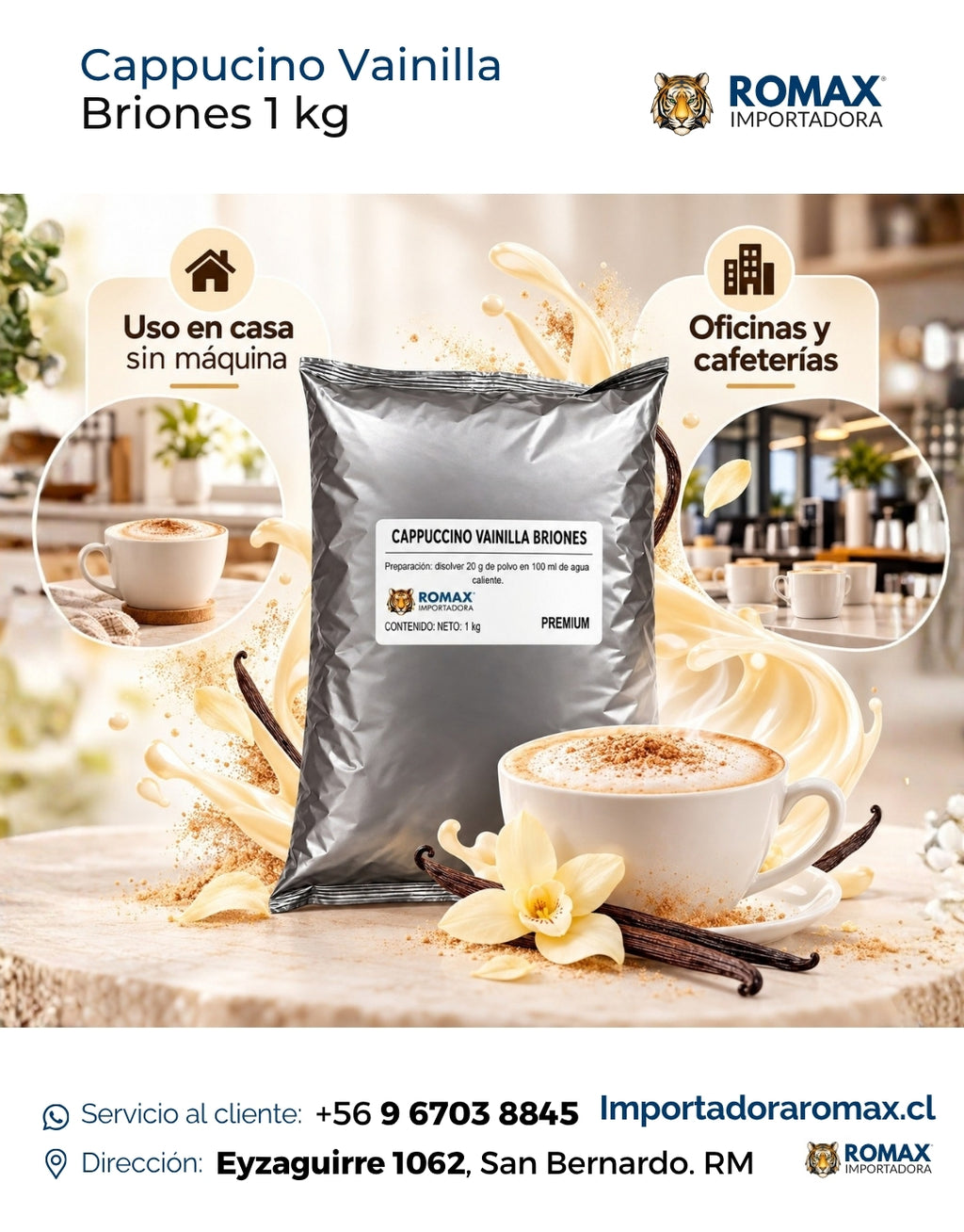 Cappuccino Vainilla Briones 1 kg para vending y preparación en taza | Importadora Romax