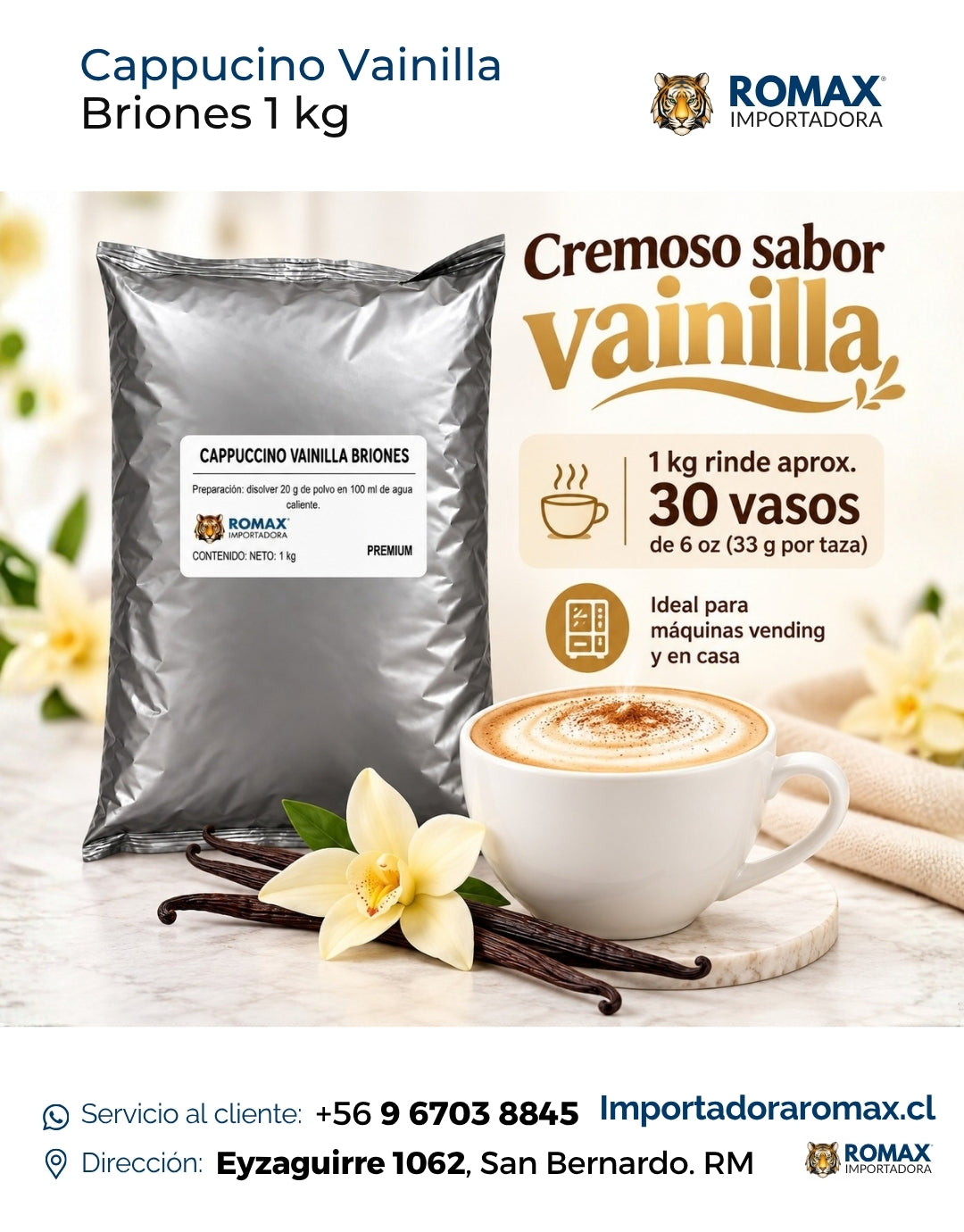Cappuccino Vainilla Briones 1 kg soluble 1 kg para máquinas vending | Importadora Romax