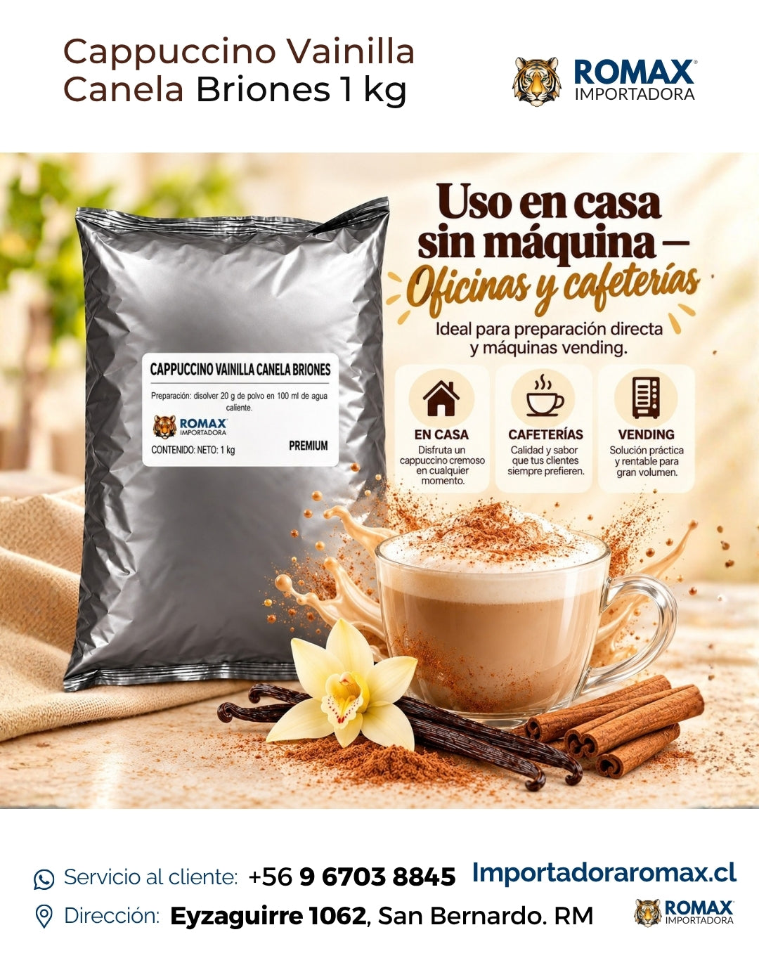 Cappuccino Soluble Vainilla Canela Briones 1 kg bebida soluble para negocio y hogar | Importadora Romax