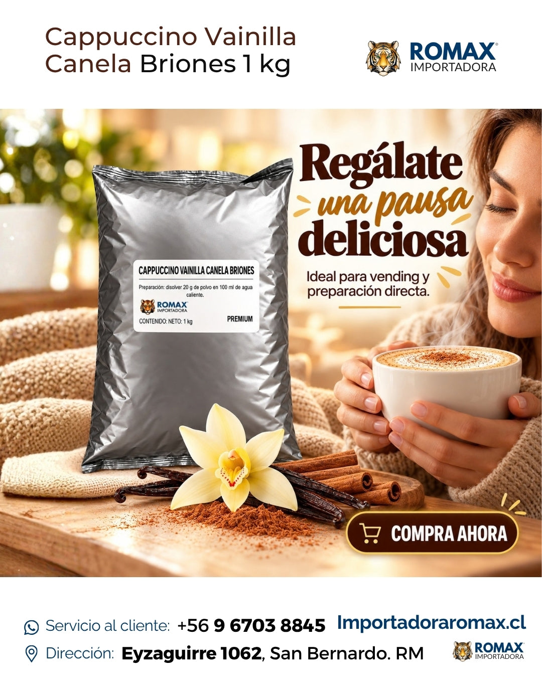 Cappuccino Soluble Vainilla Canela Briones 1 kg formato 1 kg para máquinas vending | Importadora Romax