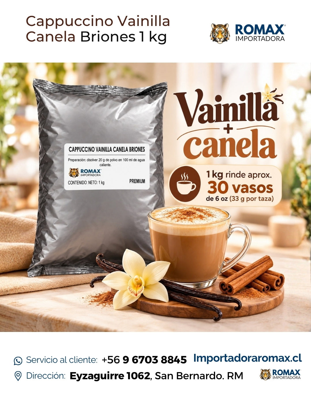 Cappuccino Soluble Vainilla Canela Briones 1 kg soluble 1 kg para máquinas vending | Importadora Romax