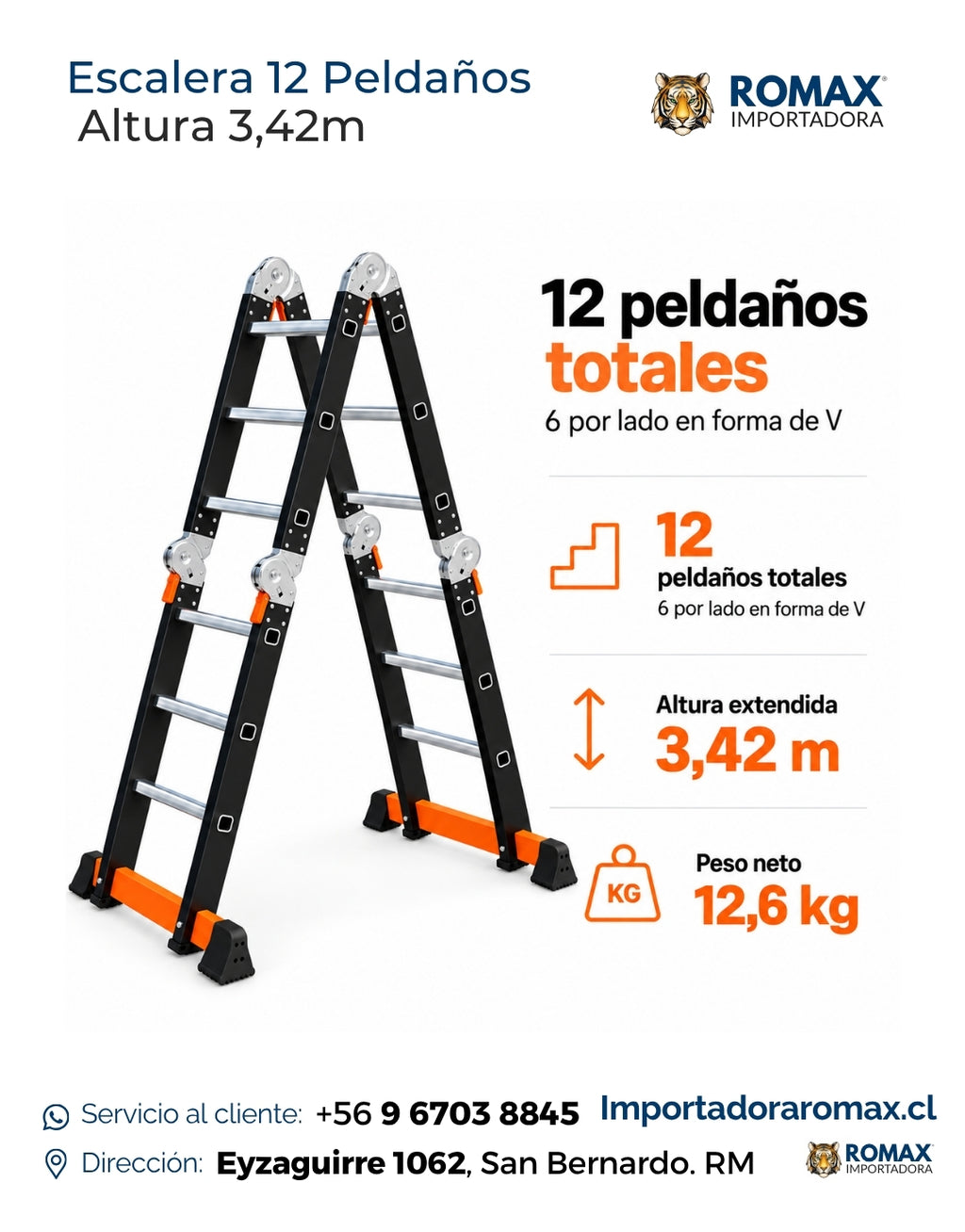 Escalera 12 peldaños plegable multiposición y articulada – Romax Chile