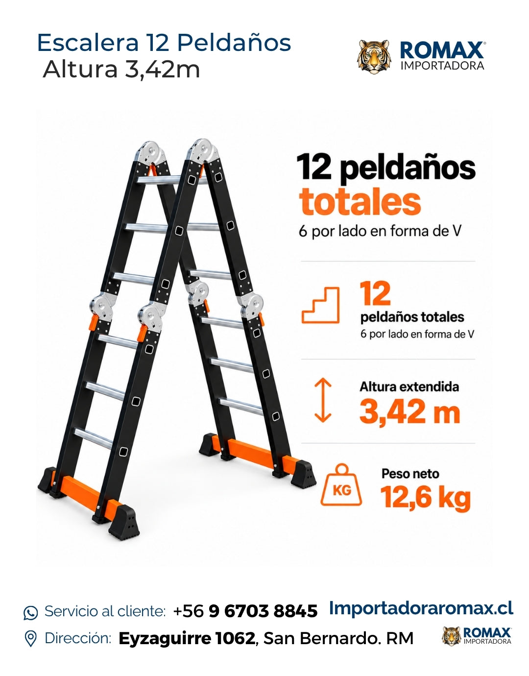 Escalera 12 peldaños plegable multiposición y articulada – Romax Chile
