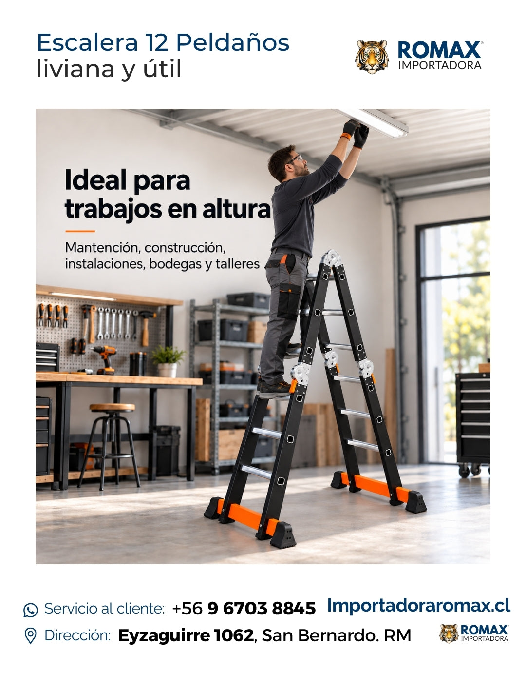Escalera 12 peldaños plegable multiposición y liviana para trabajos – Romax Chile