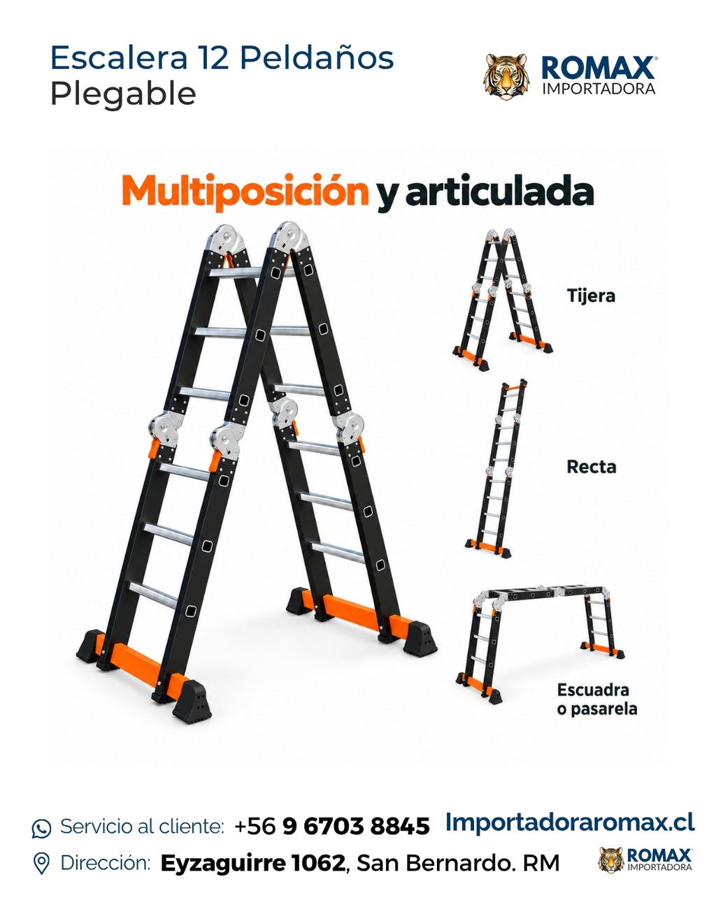 Escalera articulada 12 peldaños aluminio plegado compacto – Romax Chile