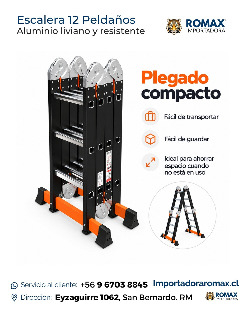 Escalera 12 peldaños articulada liviana y resistente especificaciones – Romax Chile