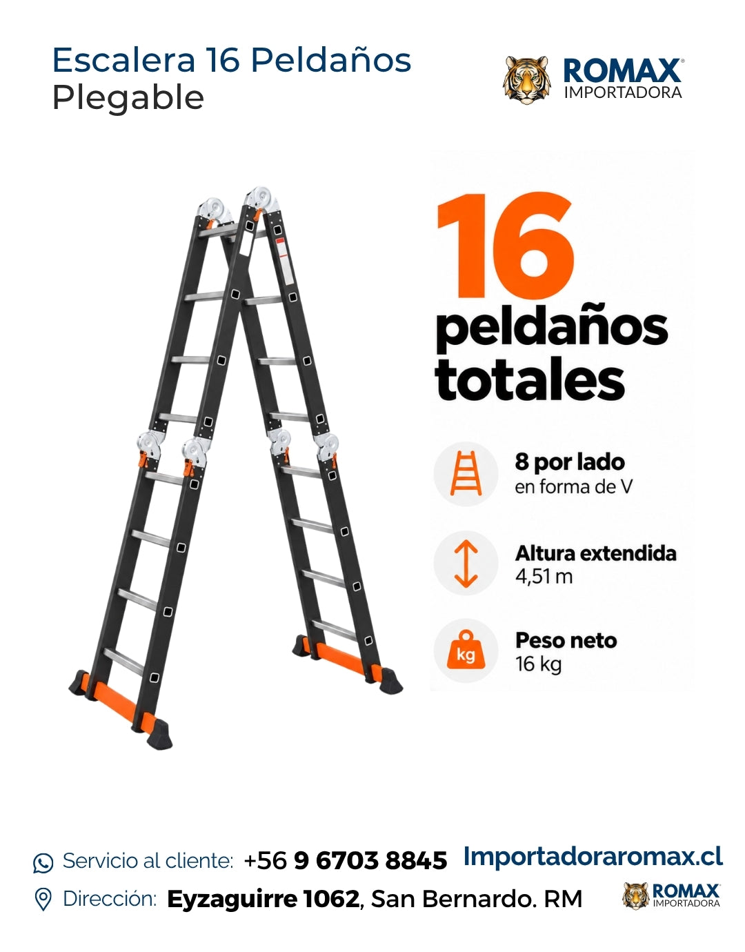 Escalera 16 peldaños totales características 8 por lado ajustable – Romax Chile