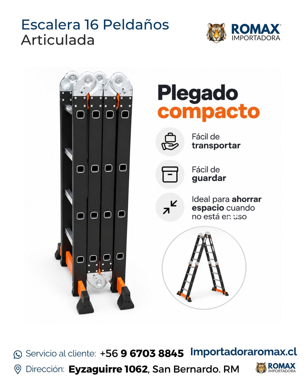 Escalera articulada 16 peldaños plegado compacto fácil almacenamiento – Romax Chile