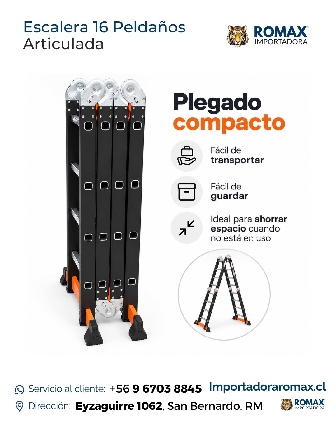 Escalera articulada 16 peldaños plegado compacto fácil almacenamiento – Romax Chile