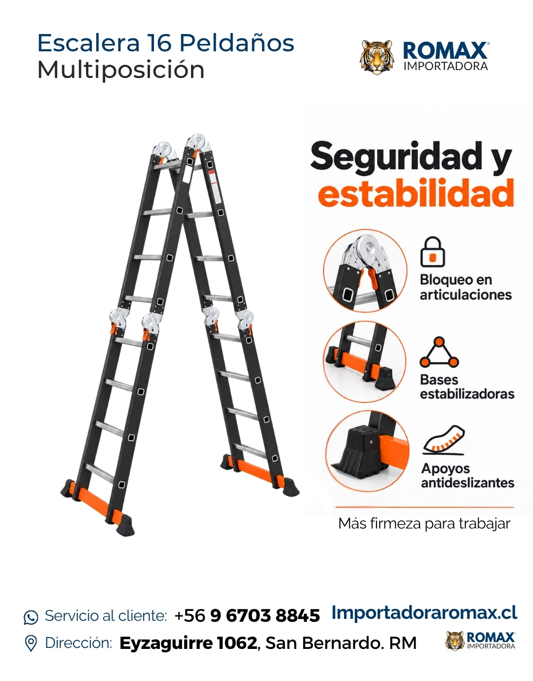 Escalera multiposición 16 peldaños seguridad y estabilidad – Romax Chile