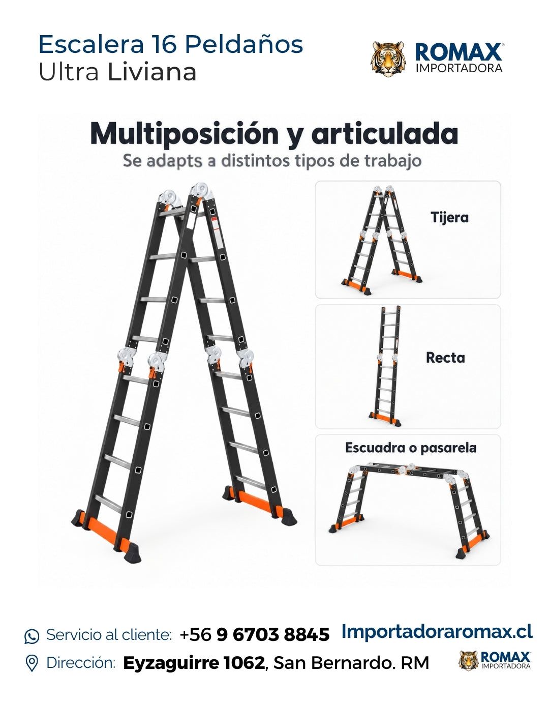 Escalera 16 peldaños articulada multiposición liviana – Romax Chile