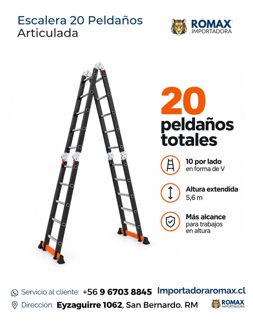 Escalera 20 peldaños articulada características seguridad y resistencia – Romax Chile