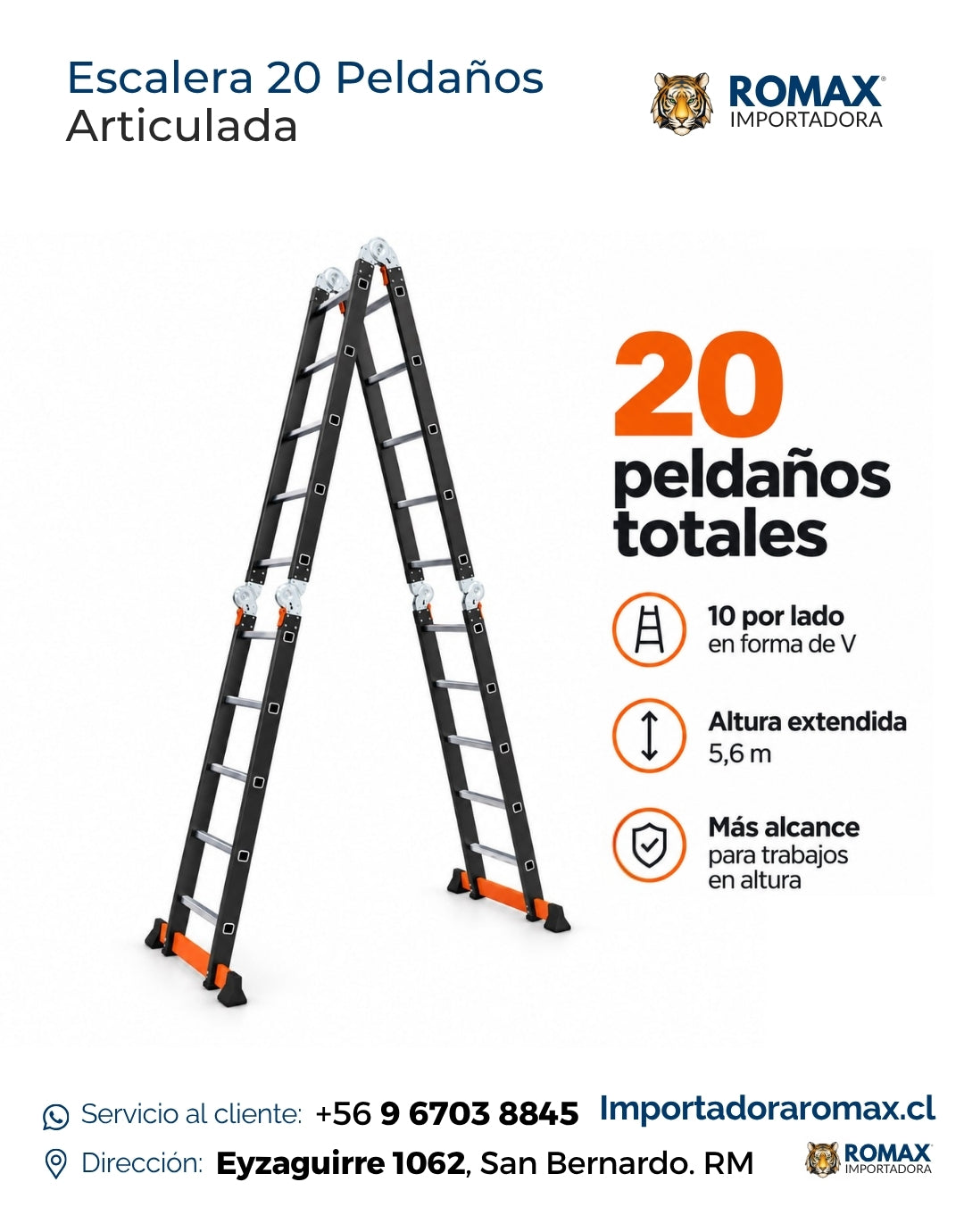 Escalera 20 peldaños articulada características seguridad y resistencia – Romax Chile