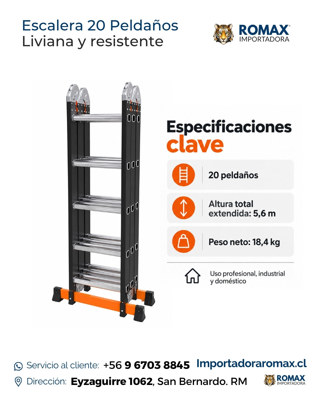 Escalera articulada 20 peldaños ideal trabajos en altura uso profesional – Romax Chile