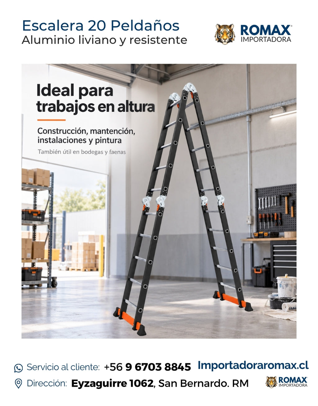 Escalera 20 Peldaños Multiposición | Articulada Plegable aluminio liviano y resistente | Altura 5,6m