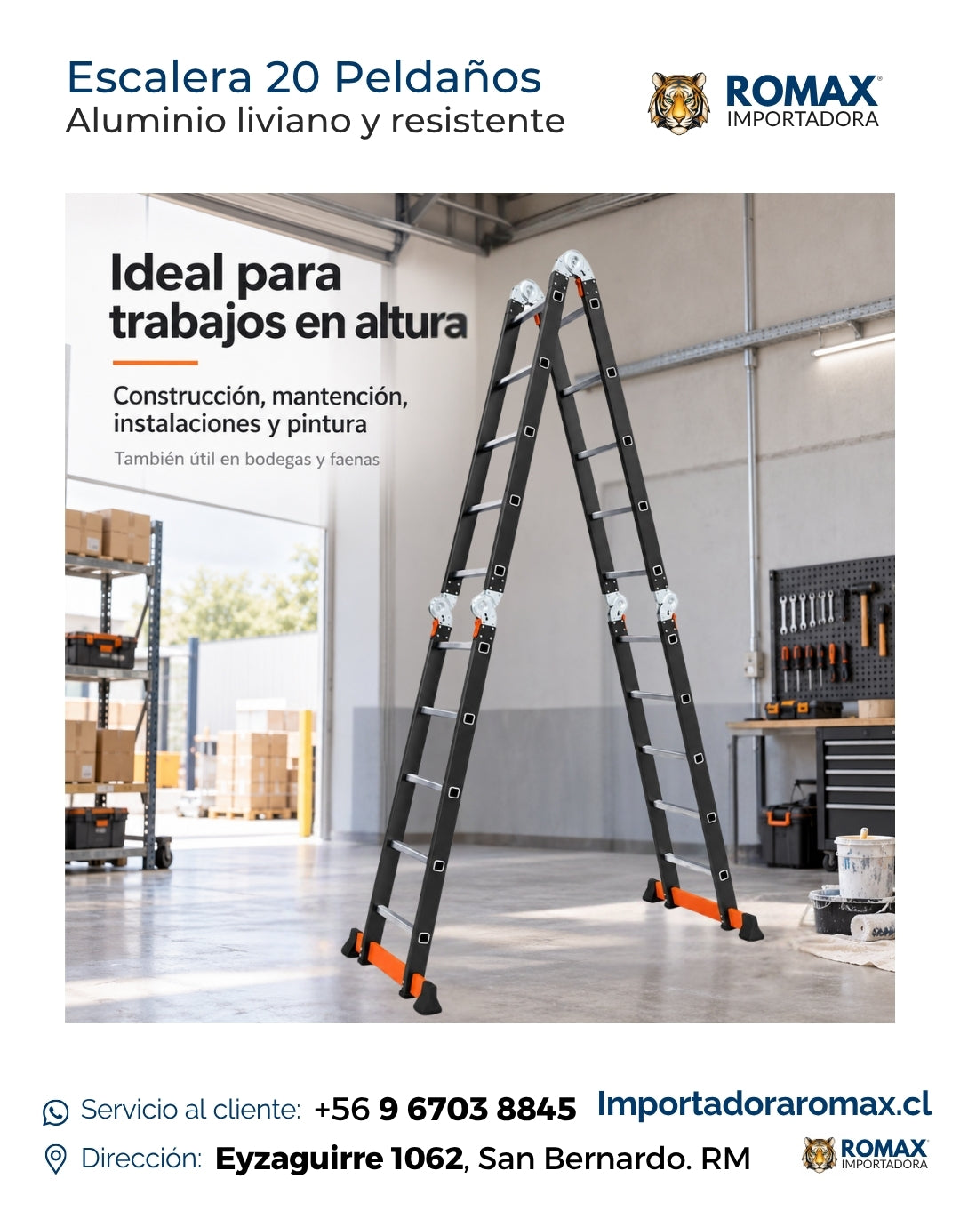 Escalera 20 Peldaños Multiposición | Articulada Plegable aluminio liviano y resistente | Altura 5,6m