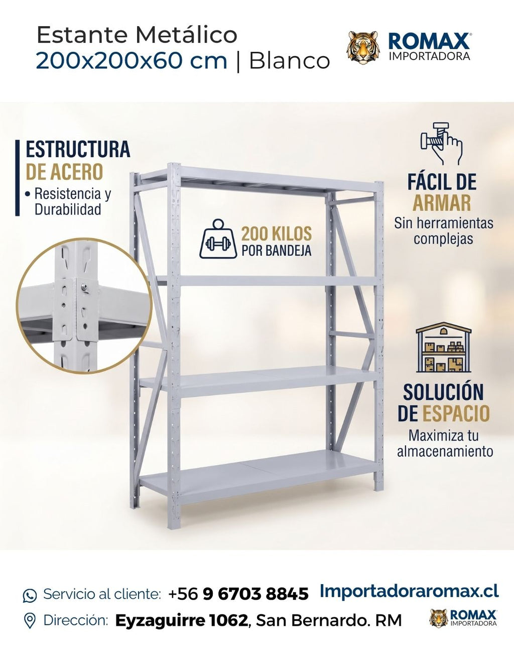 Rack metálico blanco de 200x200x60 cm con 4 niveles