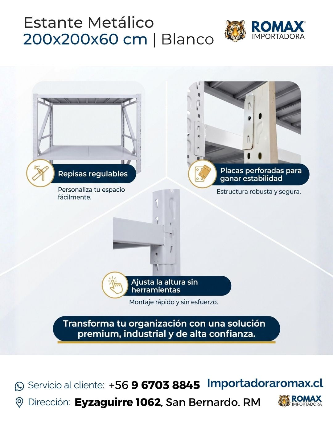 Rack metálico blanco de 200x200x60 cm con 4 niveles organizados en bodega