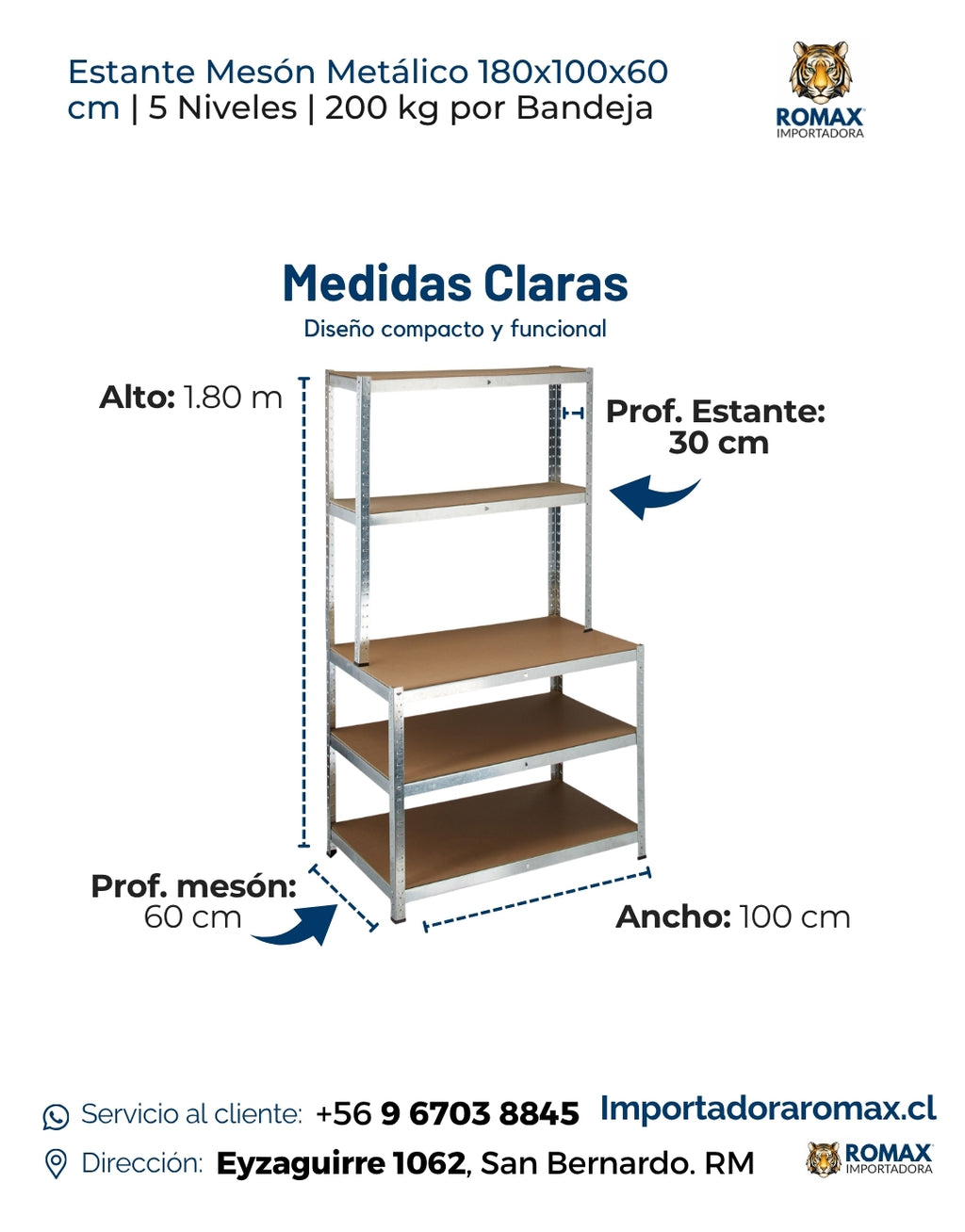 Estante Mesón Metálico 180x100x60 cm | 5 Niveles | 200 kg por Bandeja