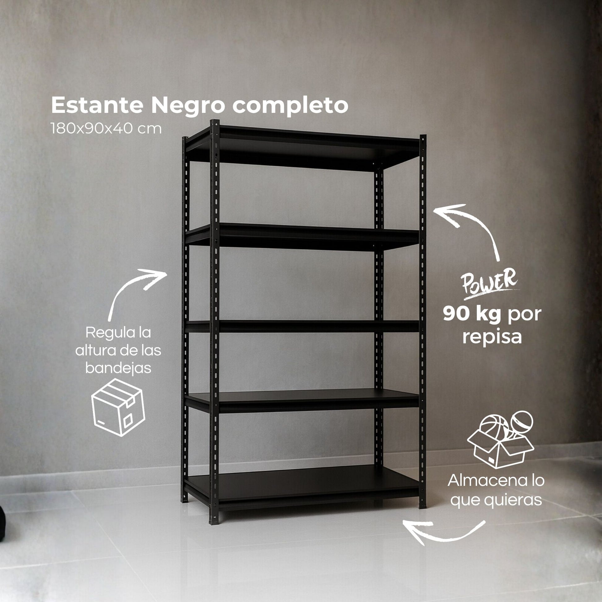 Rack Negro 180x90x40 cm 90 kg por Nivel | Romax Chile