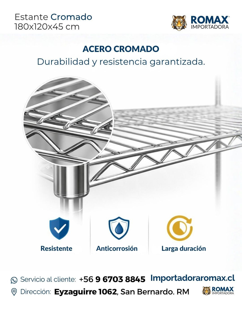 Estante Cromado Metálico Bodega Comercio 180x120x45 cm | Romax Chile