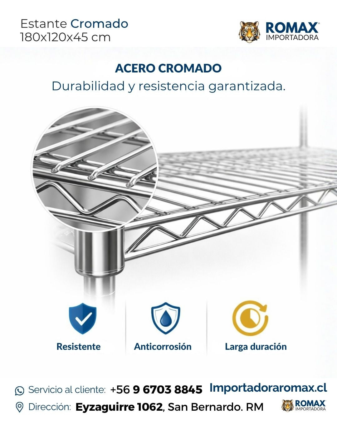 Estante Cromado Metálico Bodega Comercio 180x120x45 cm | Romax Chile