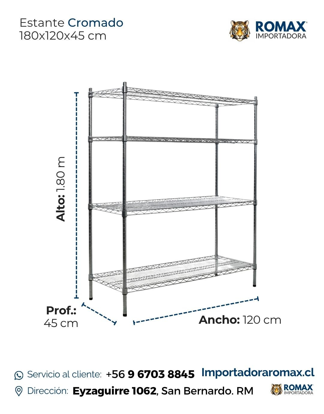 Estante Cromado 4 Niveles 180x120x45 cm Detalle Bandejas | Romax Chile