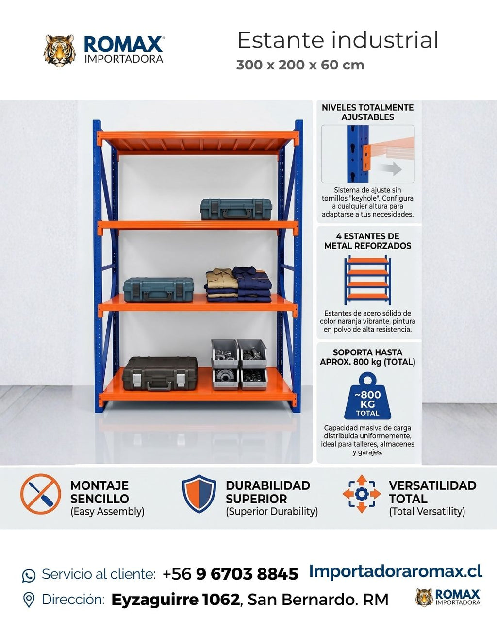 Estante Rack Industrial 800 kg 4 Niveles Naranjo-Azul | Romax Chile