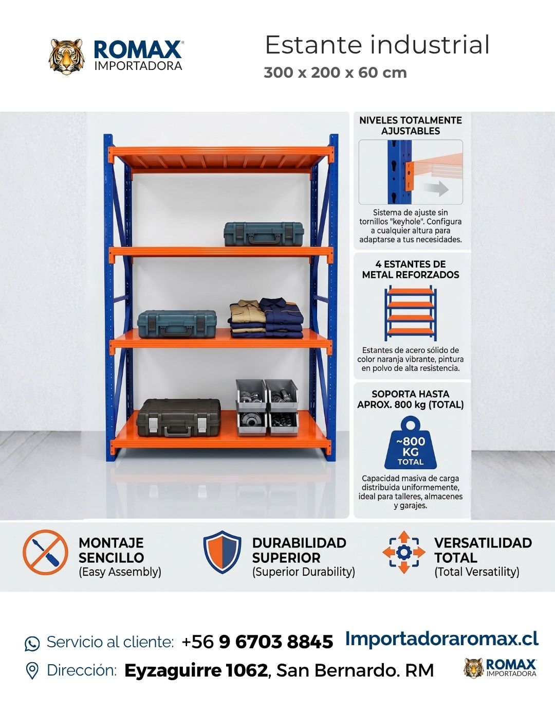 Estante Rack Industrial 800 kg 4 Niveles Naranjo-Azul | Romax Chile