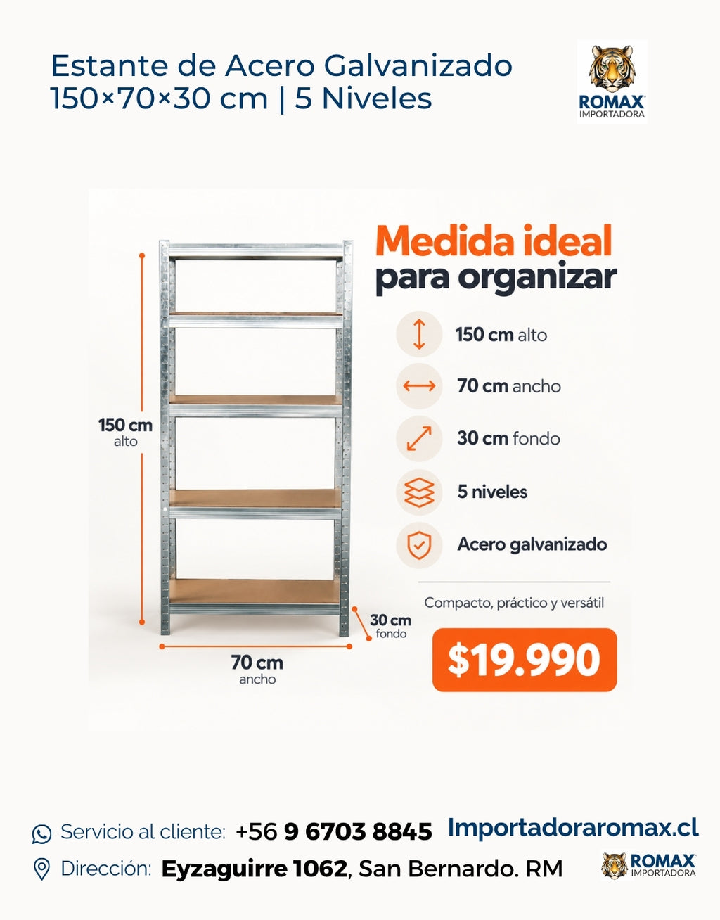 Estante de Acero Galvanizado 5 Niveles 150×70×30 cm | Vista adicional | Importadora Romax