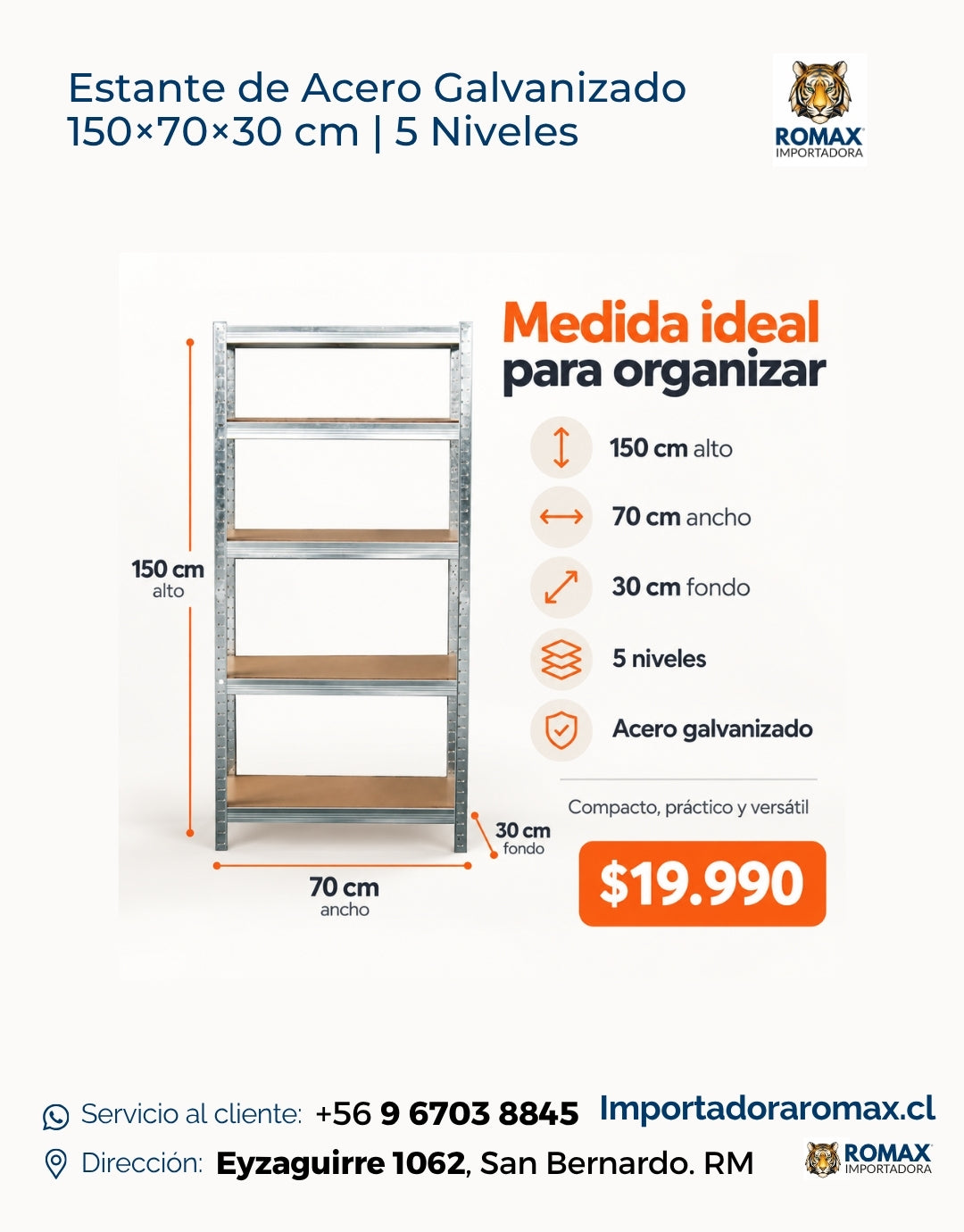 Estante de Acero Galvanizado 5 Niveles 150×70×30 cm | Vista adicional | Importadora Romax