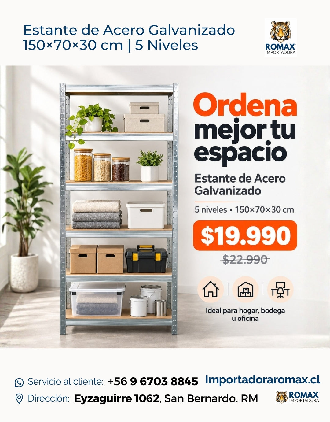 Estante de Acero Galvanizado 5 Niveles 150×70×30 cm | Vista adicional 3 | Importadora Romax