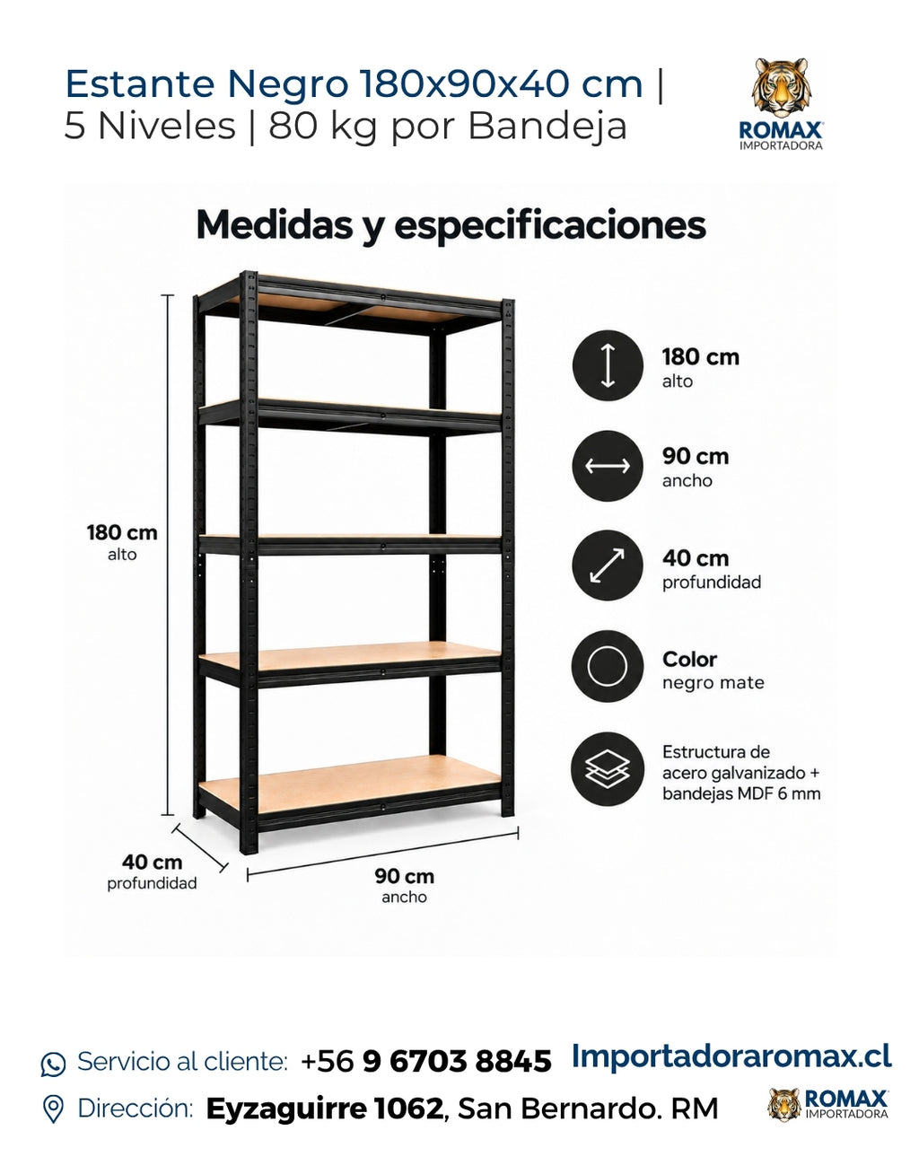 Medidas del estante negro: 180 cm alto, 90 cm ancho y 40 cm profundidad