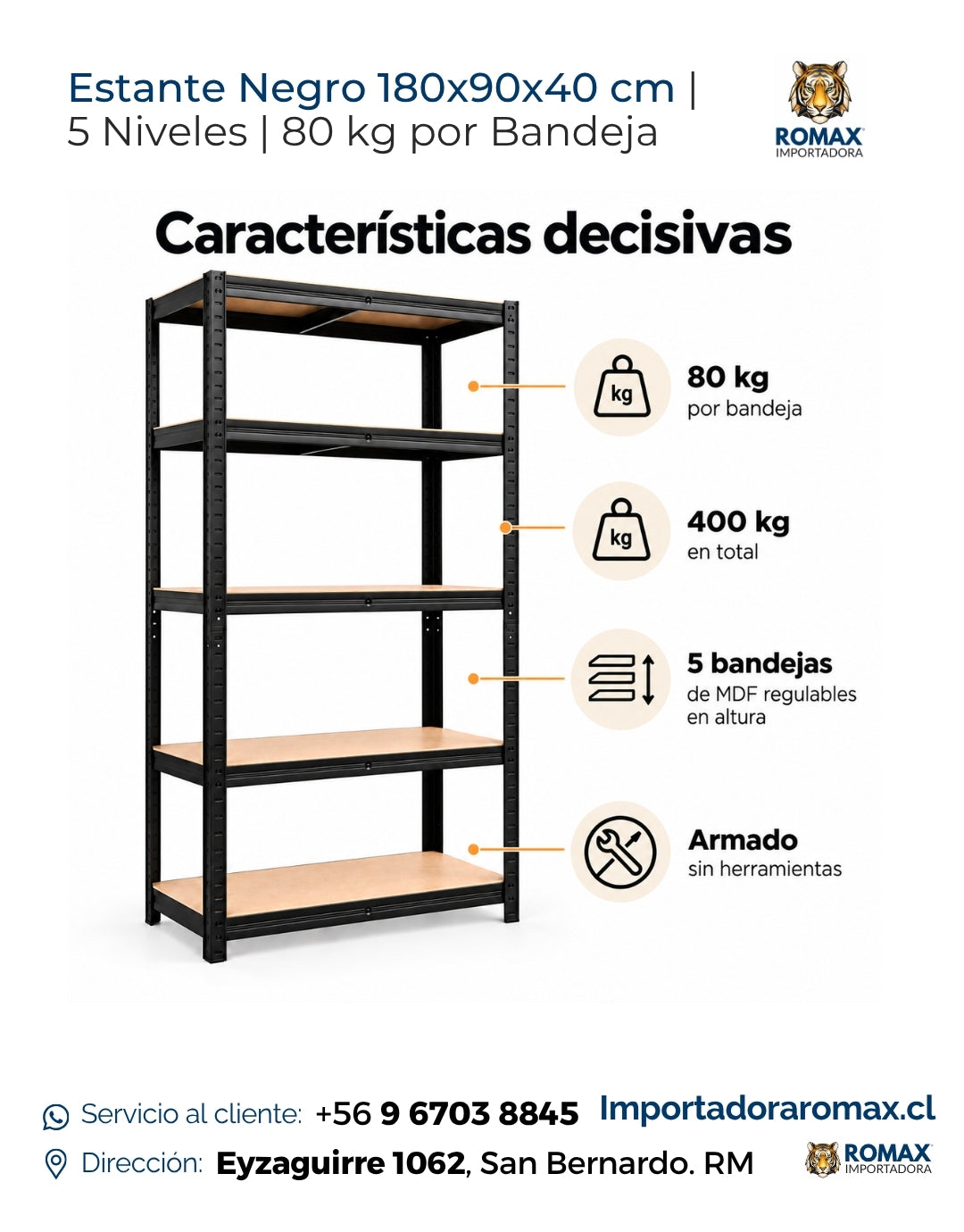 Estante Metálico Negro 5 Niveles 180x90x40 cm | 80 kg por Bandeja